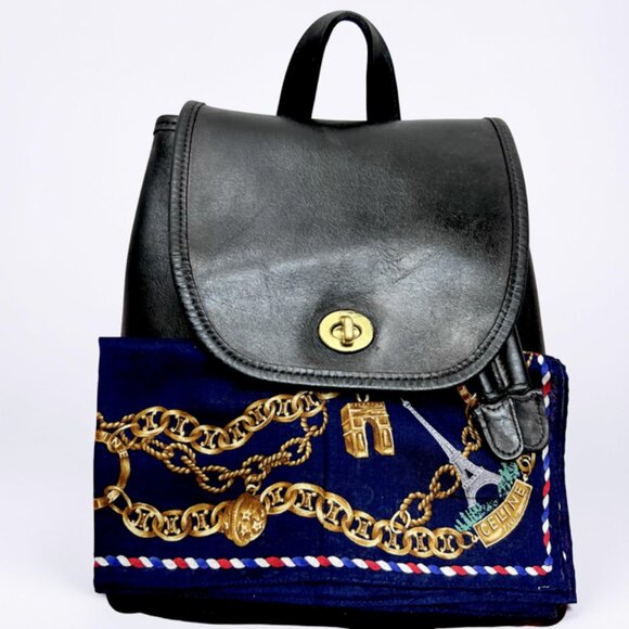 Vtg Coach Black Leather  Backpack Rucksack Drawstring + Celine Handkercheif(36) - Picture 6 of 15